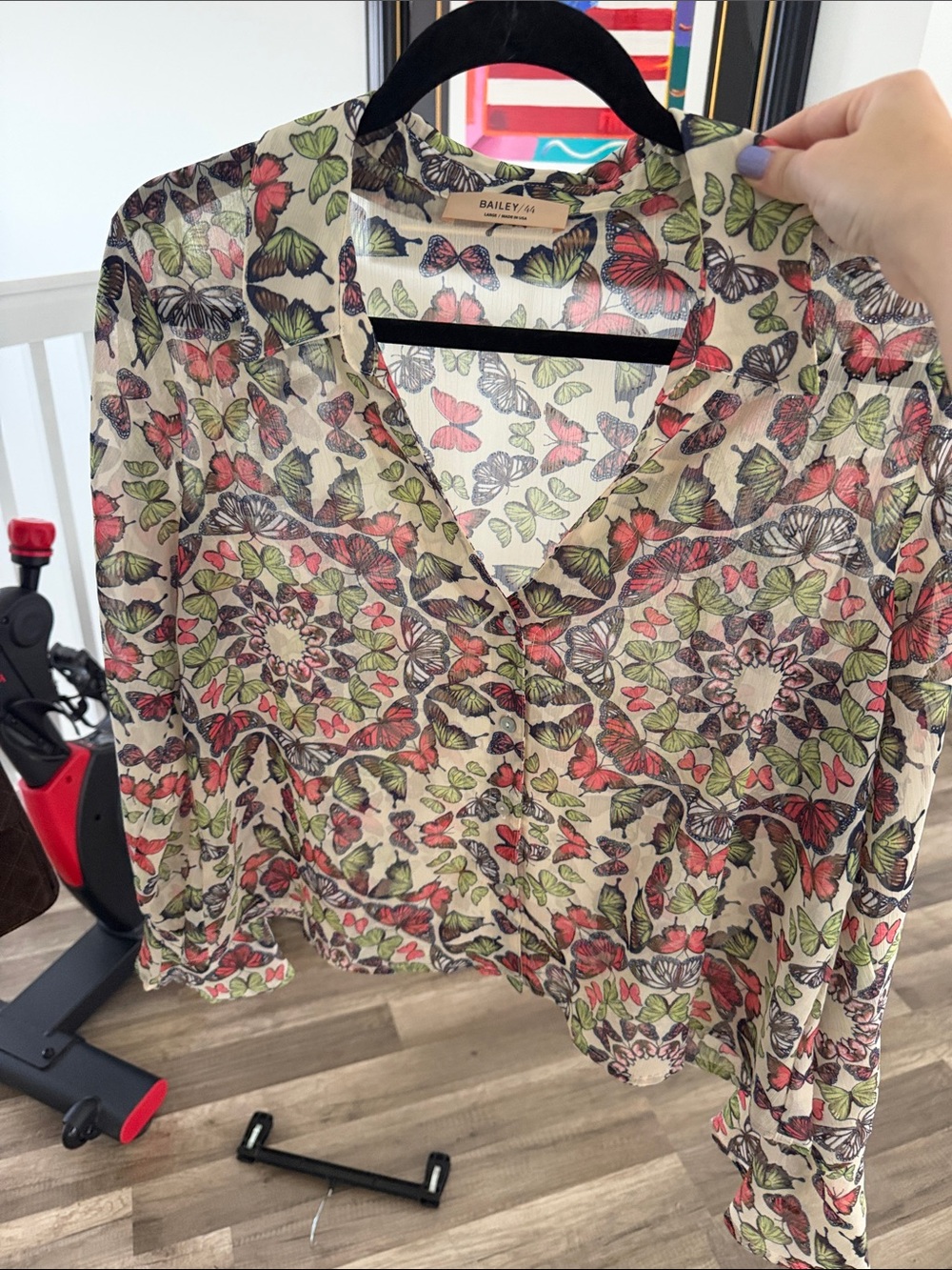 Bailey 44 Sheer Butterfly Print Button-Down Blouse - Pink/Green